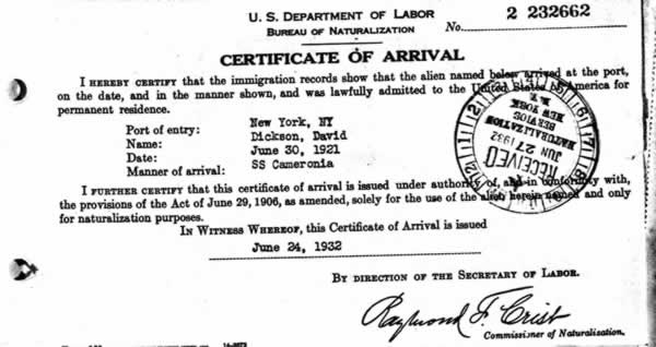 Certificate of Arrival